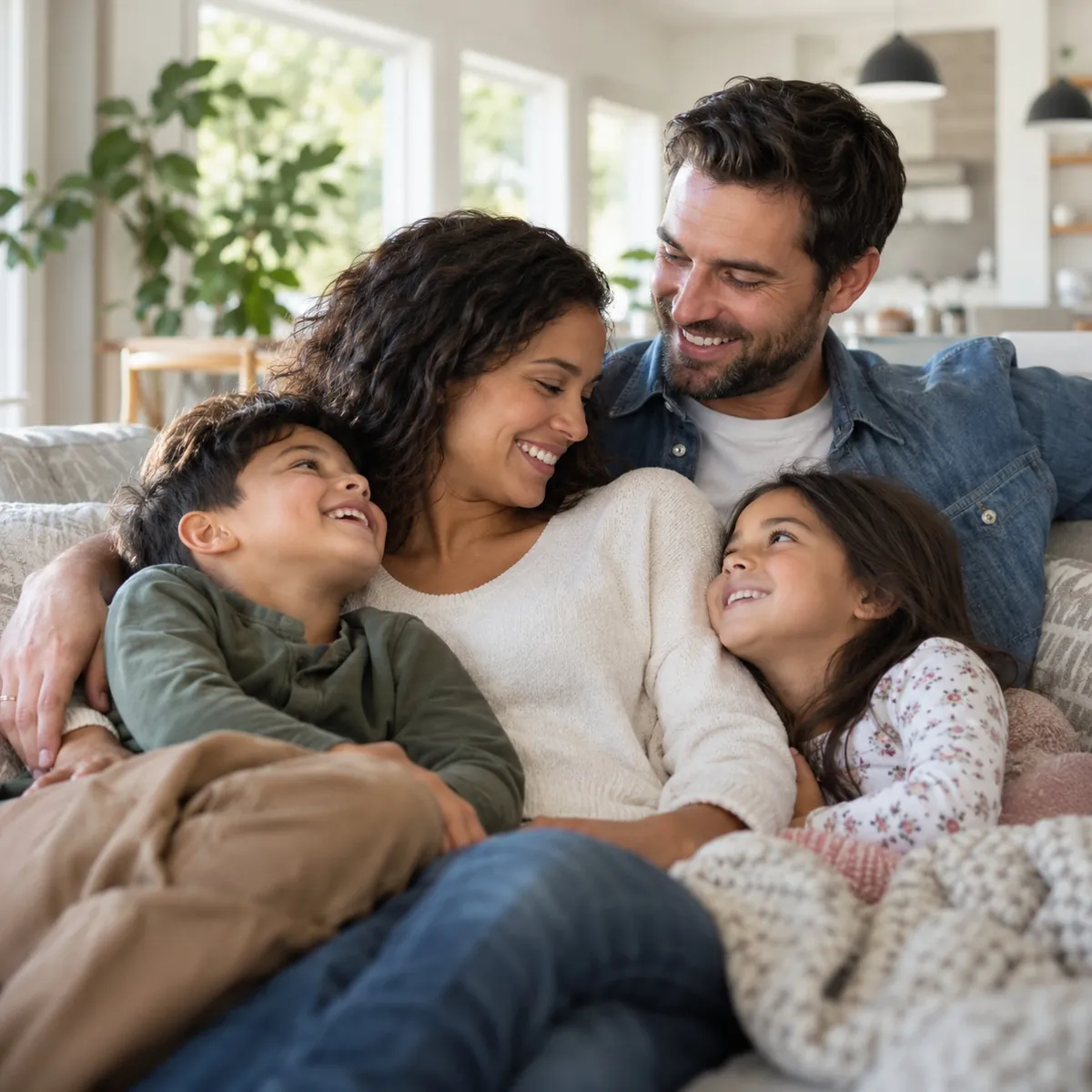Madre, padre e hijos riéndose juntos en el sillón del living