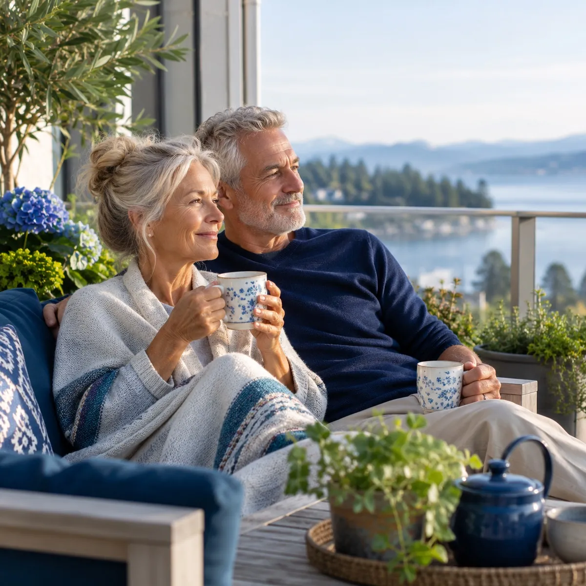 Pareja de jubilados tomando café en un balcón frente al lago